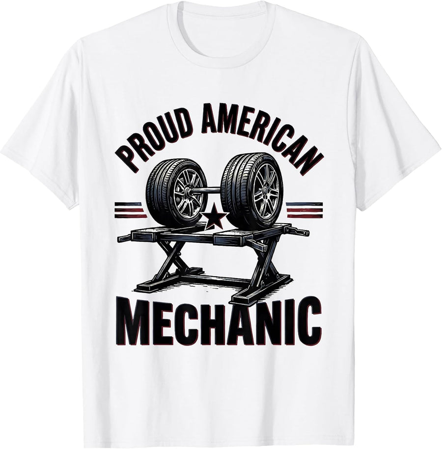 Men's Proud American Mechanic Patriotic USA Flag Automotive T-Shirt - White