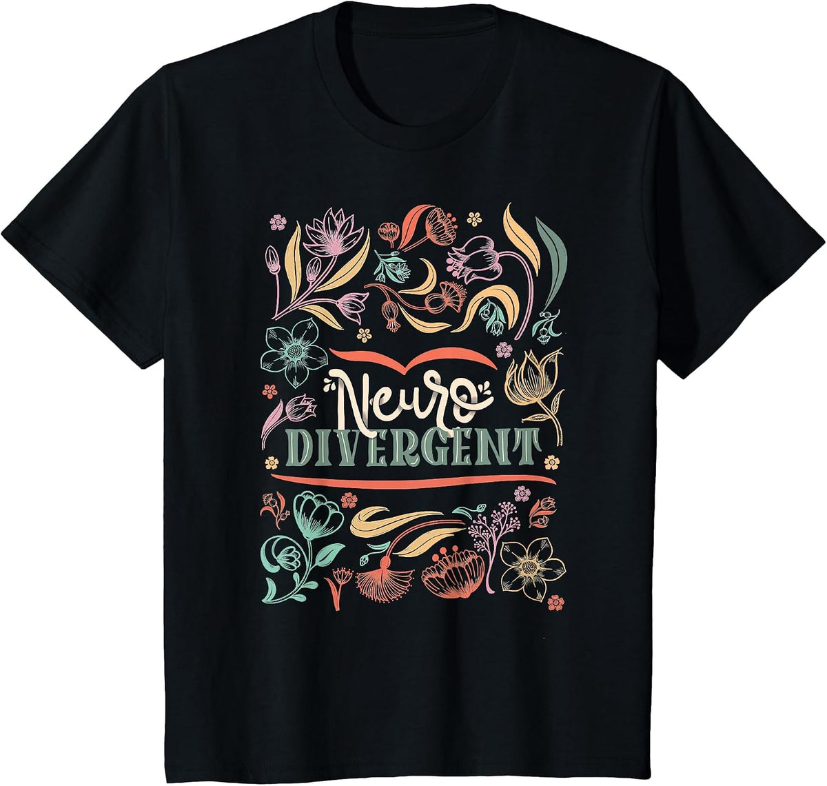 Floral Neurodivergent Autism Awareness T-Shirt - Black