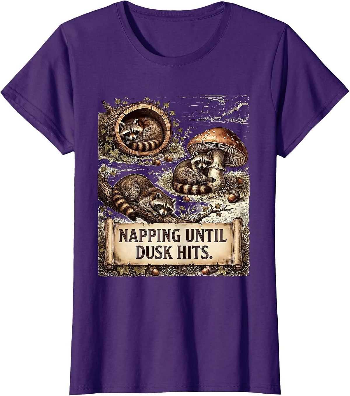 Women's Raccoon Napping Until Dusk Hits Design T-Shirt - Purple