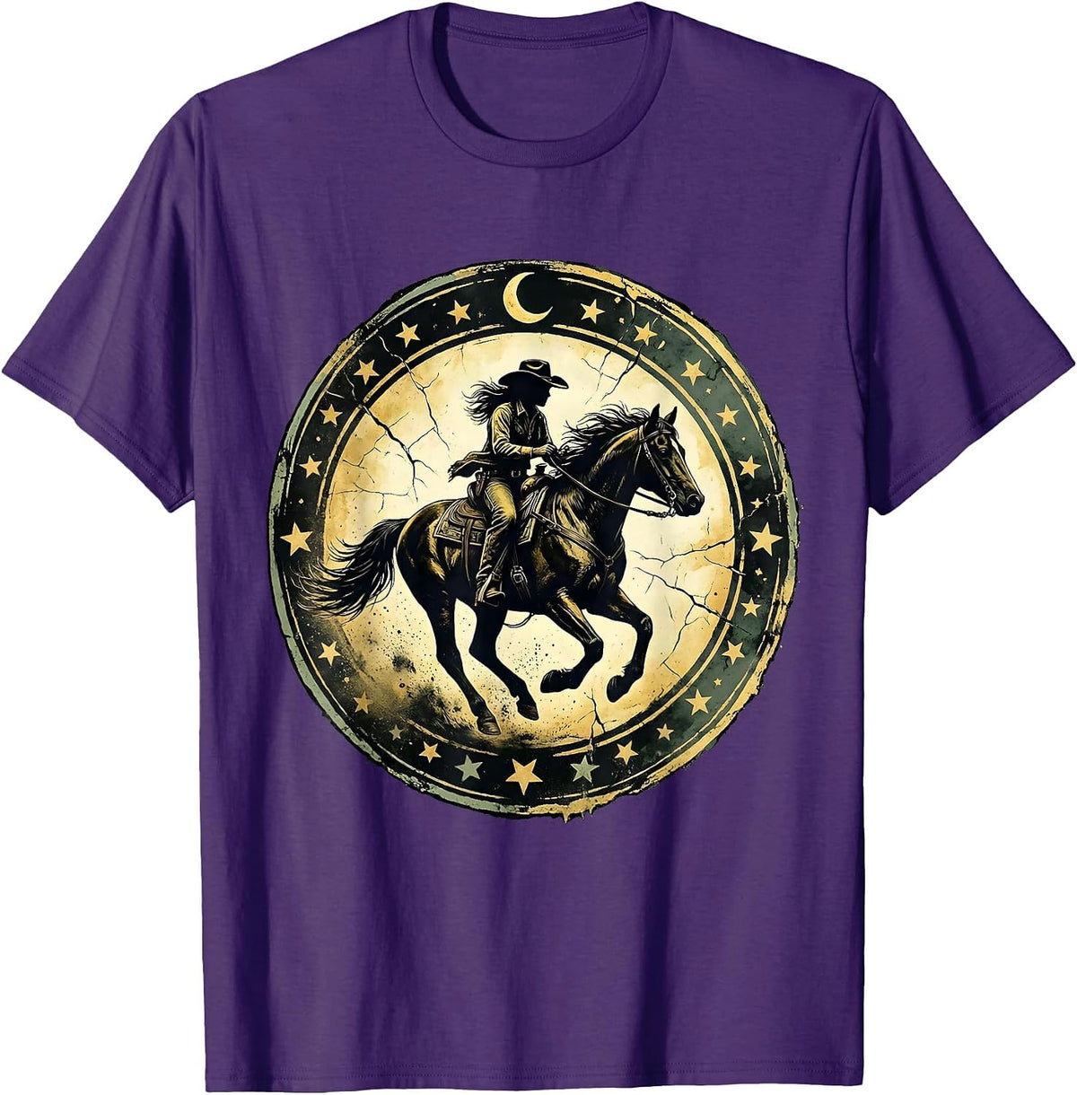 Men's Cowgirl Riding Horse Under Starry Night Sky T-Shirt - Purple