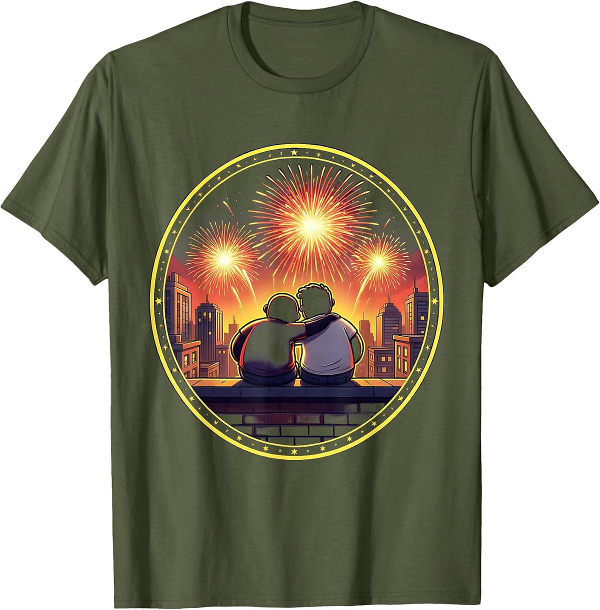 Rooftop Fireworks Couple I Love My Girlfriend T-Shirt - Olive Green