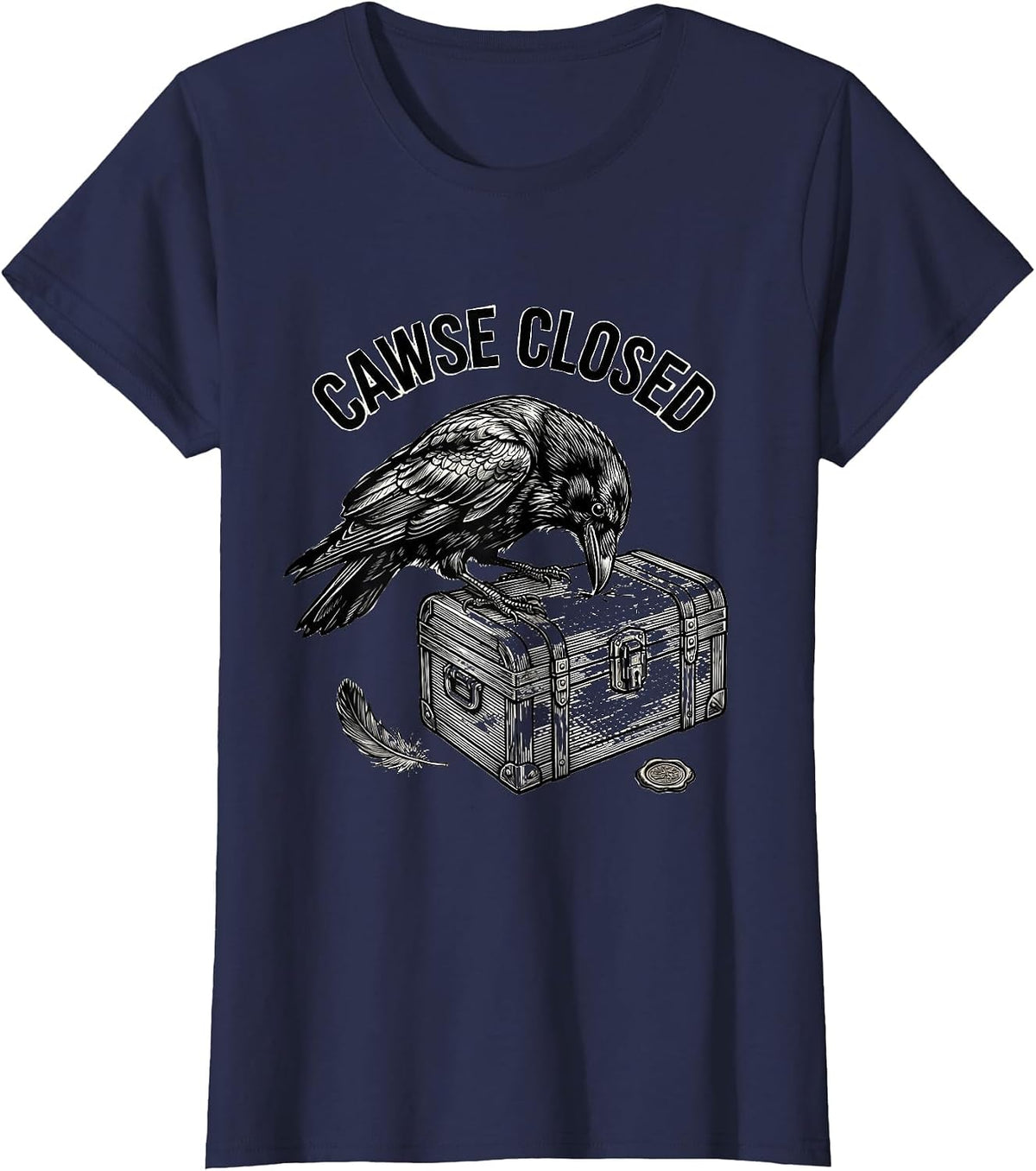 Women's Cawse Closed Line Art Dark Humor Gothic Crow Lover T-Shirt - Navy Blue