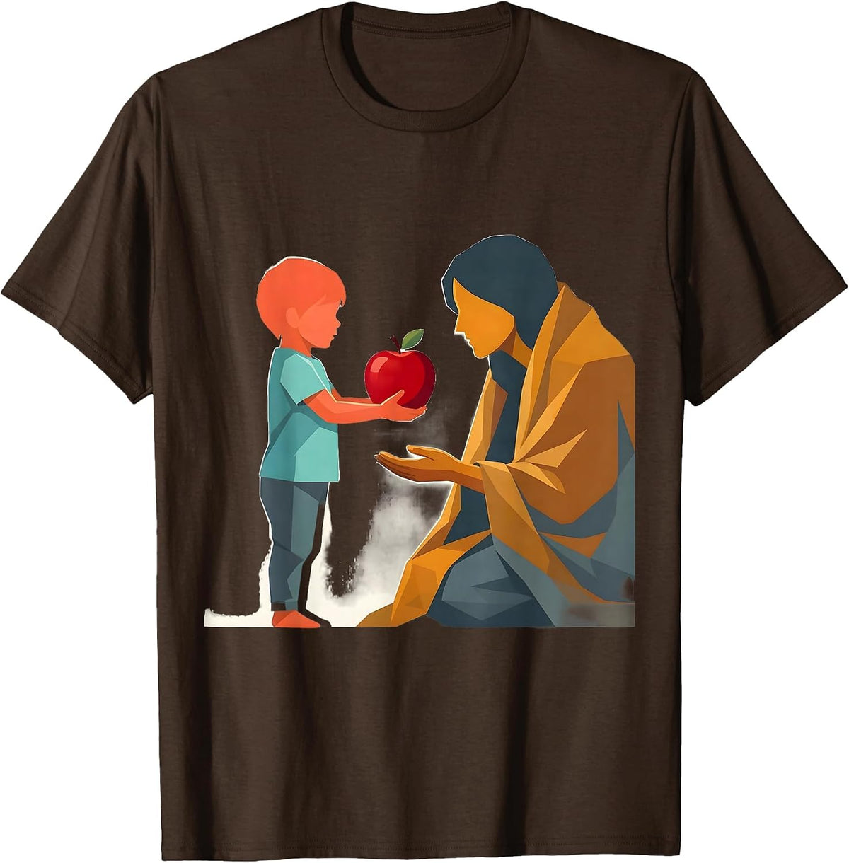 Kindness Illustration Child Offering Apple Design T-Shirt - Brown