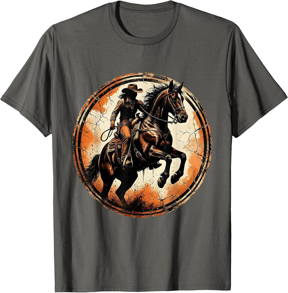 Cowgirl Taming Rearing Horse Arena Graphic T-Shirt - Asphalt Grey