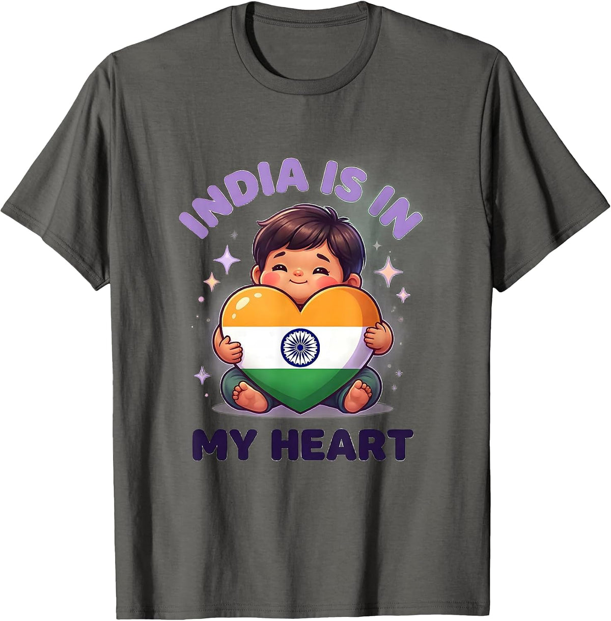 India Is In My Heart Cute Kawaii National Pride Kids T-Shirt - Asphalt Grey
