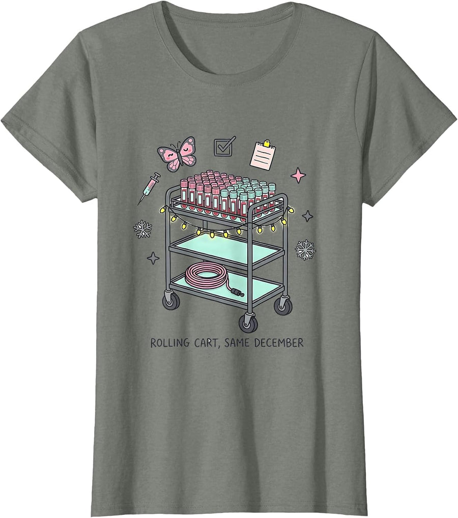 Rolling Cart Same December Kawaii Phlebotomist Holiday Humor T-Shirt, Women, Olive Heather, XX-Large - As Pictured