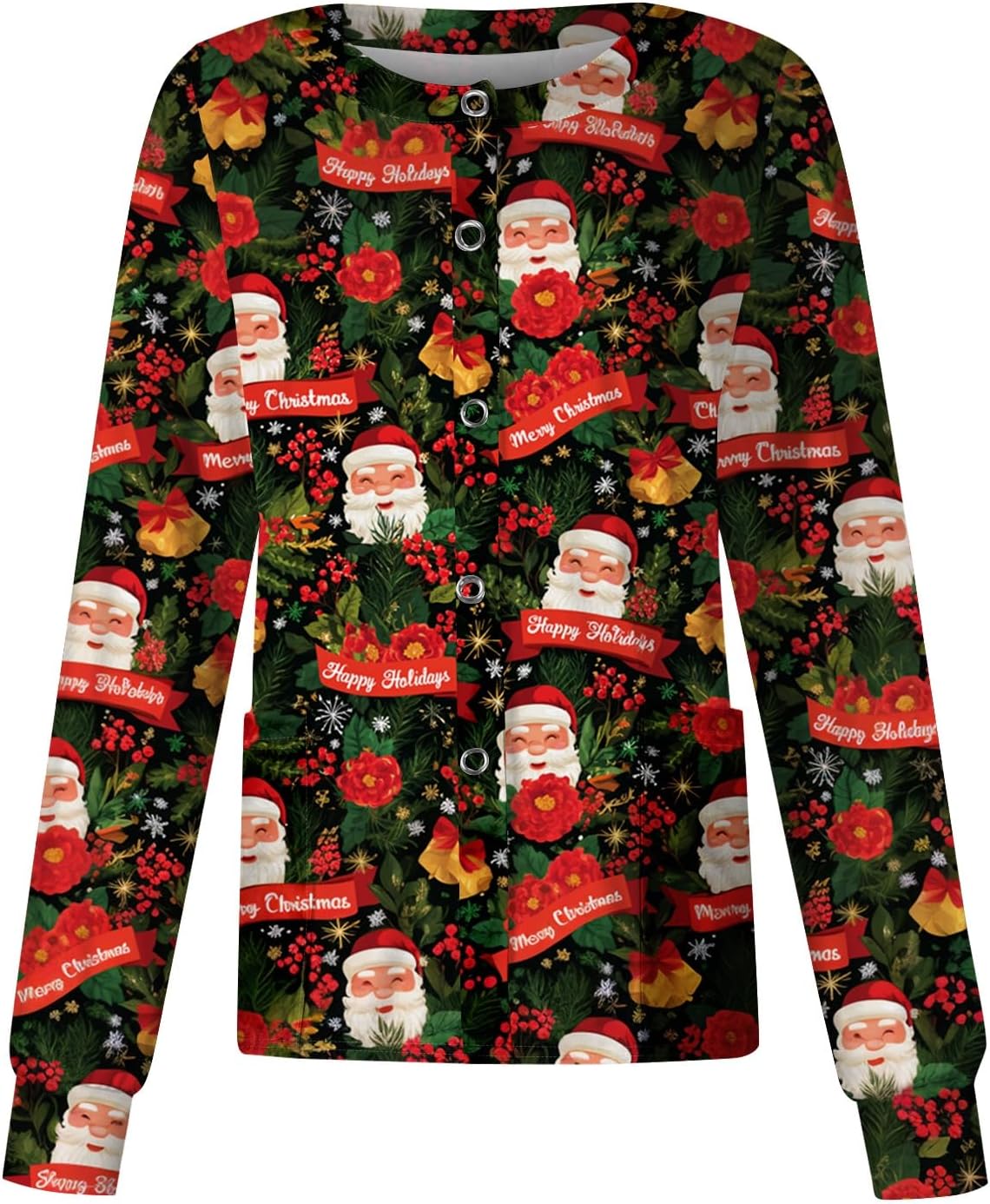 Scrubs for Women Christmas Scrub Jacket Long Sleeve Snap Front Work Uniform - 26ch00-red