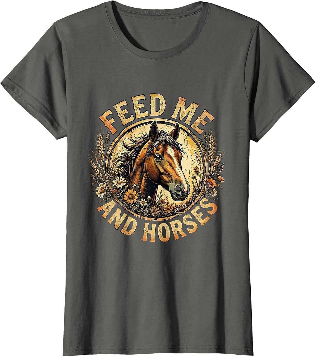 Women's Feed Me and Horses Funny Horse Lover Design T-Shirt - Asphalt Grey