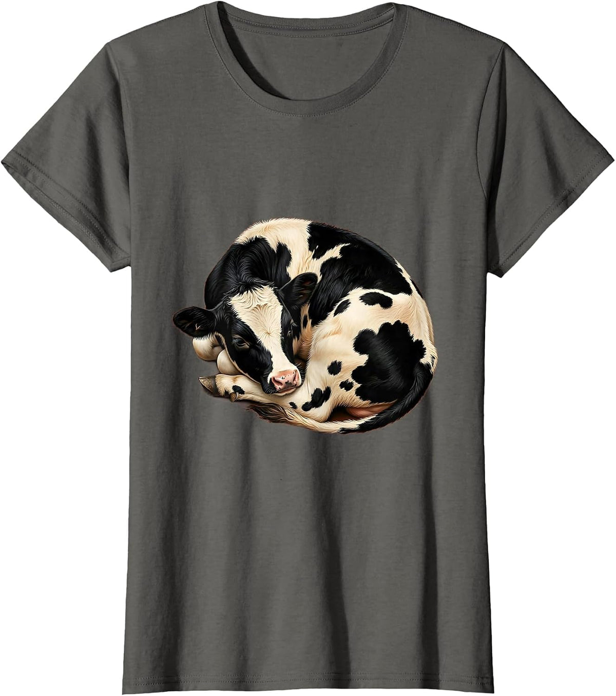 Women's Sleeping Baby Calf Cute Cow Lover Graphic T-Shirt - Asphalt Grey