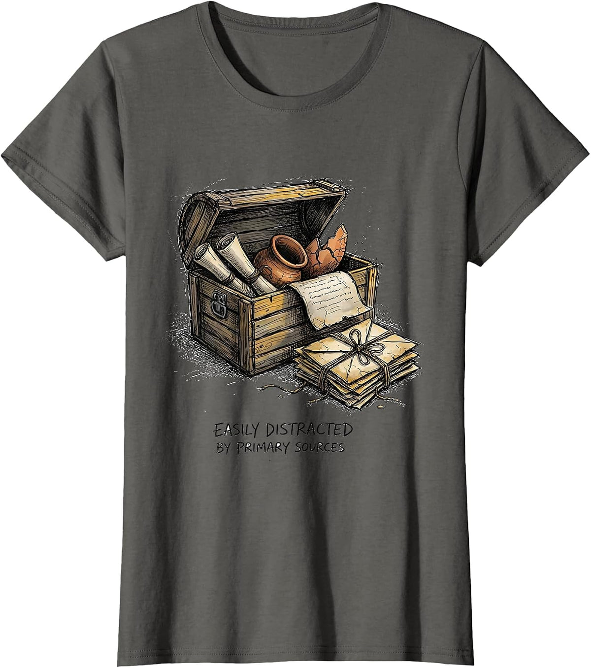 Women's Easily Distracted By Primary Sources Funny History Teacher T-Shirt - Asphalt Grey