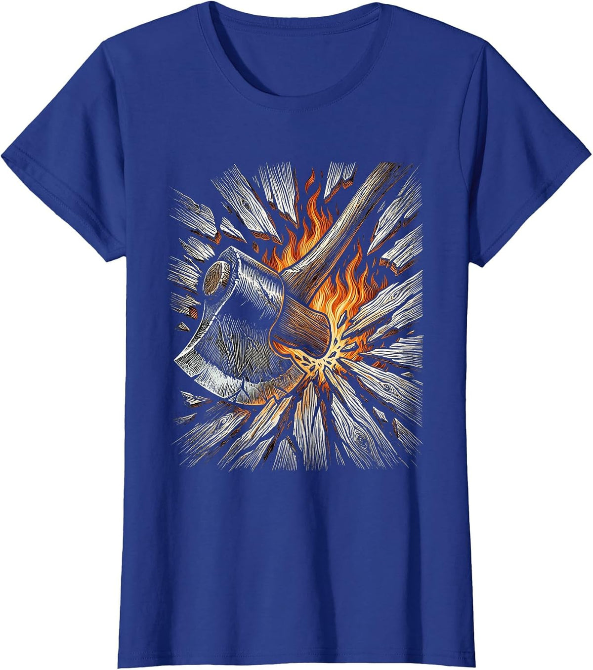 Women's Firefighter Axe Splitting Burning Door Graphic Tee T-Shirt - Royal Blue