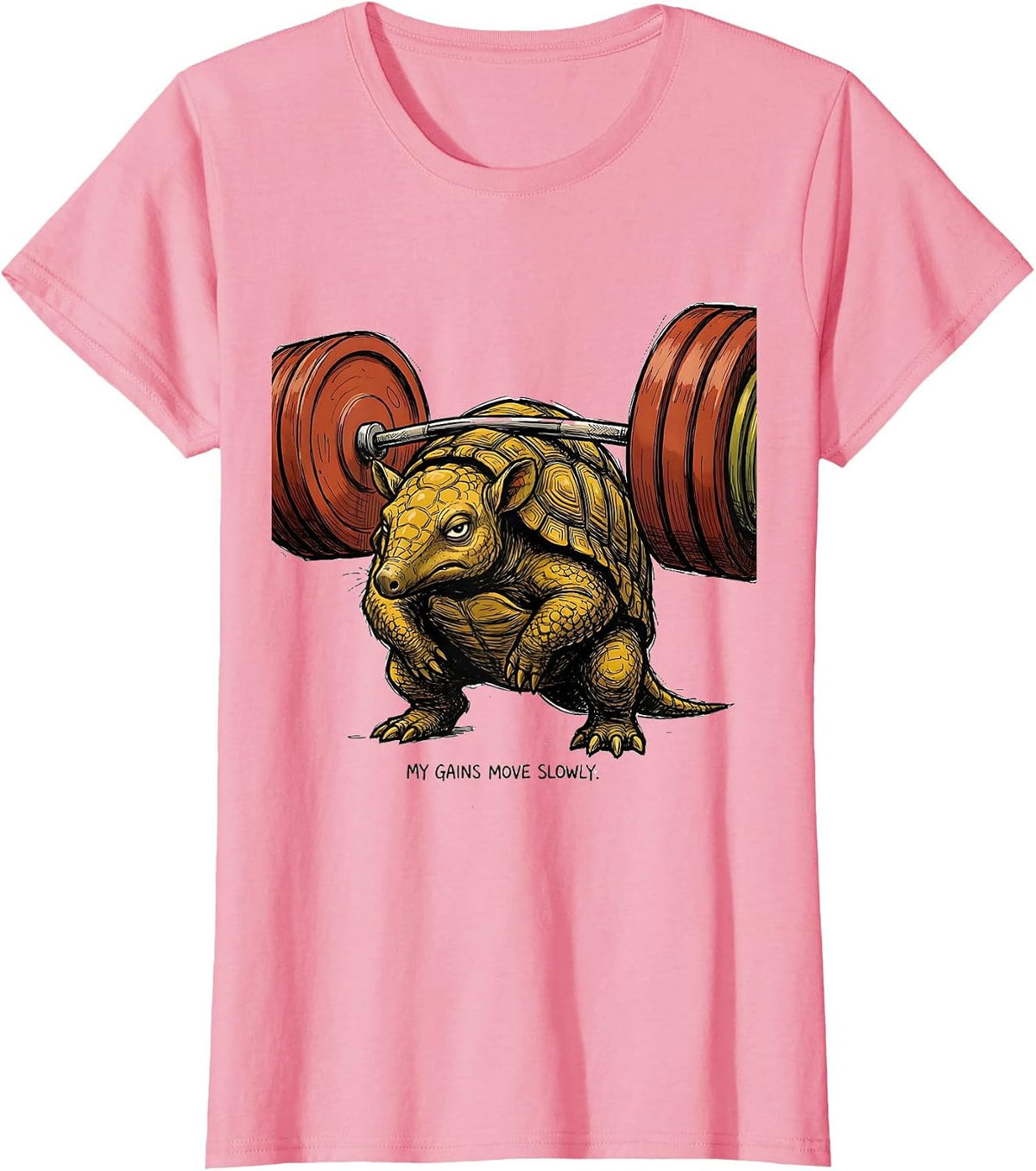 Women's My Gains Move Slowly Funny Gym Weightlifting Workout Animal T-Shirt - Pink