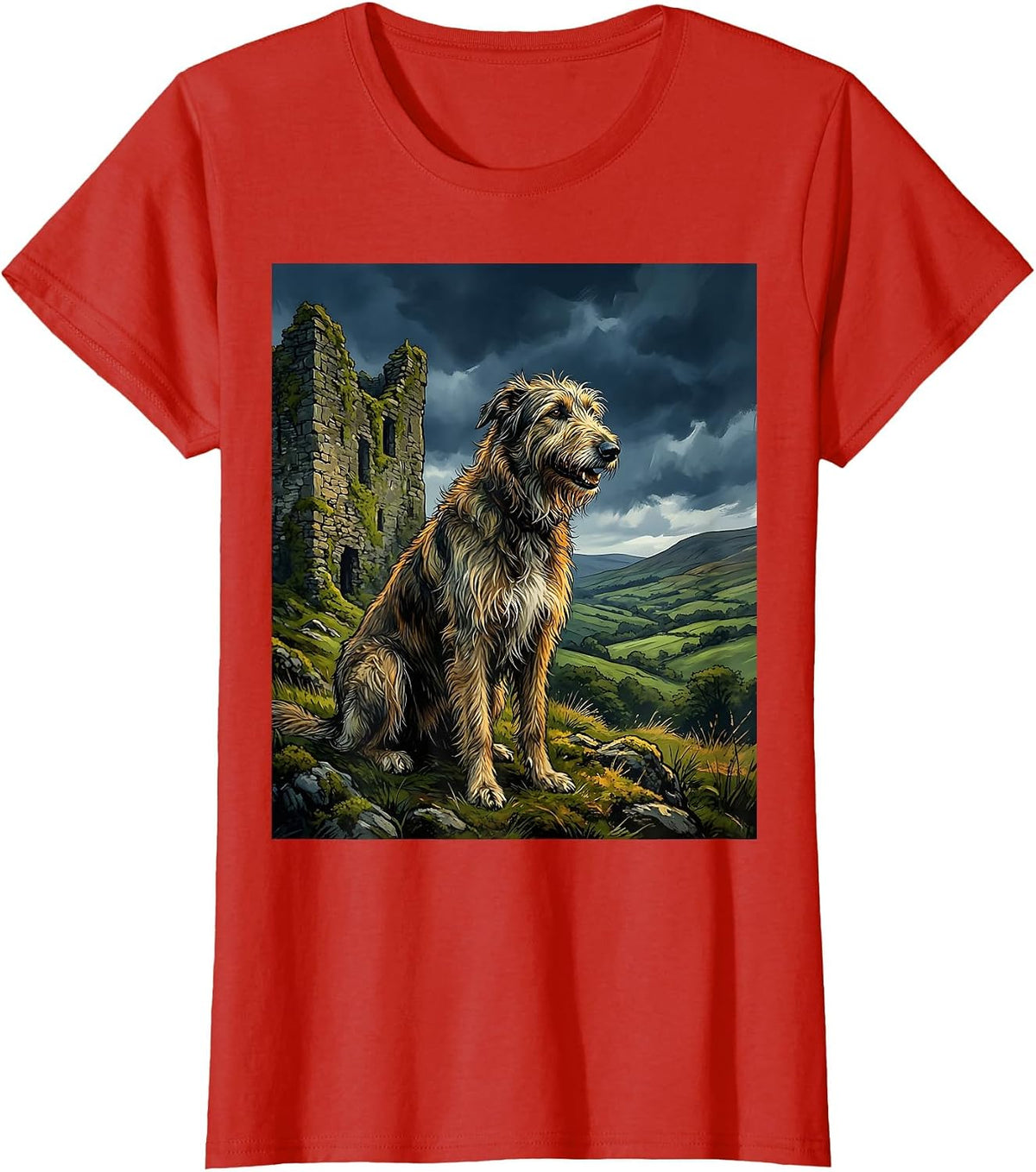 Irish Wolfhound and Castle Ruins Illustration T-Shirt - Red