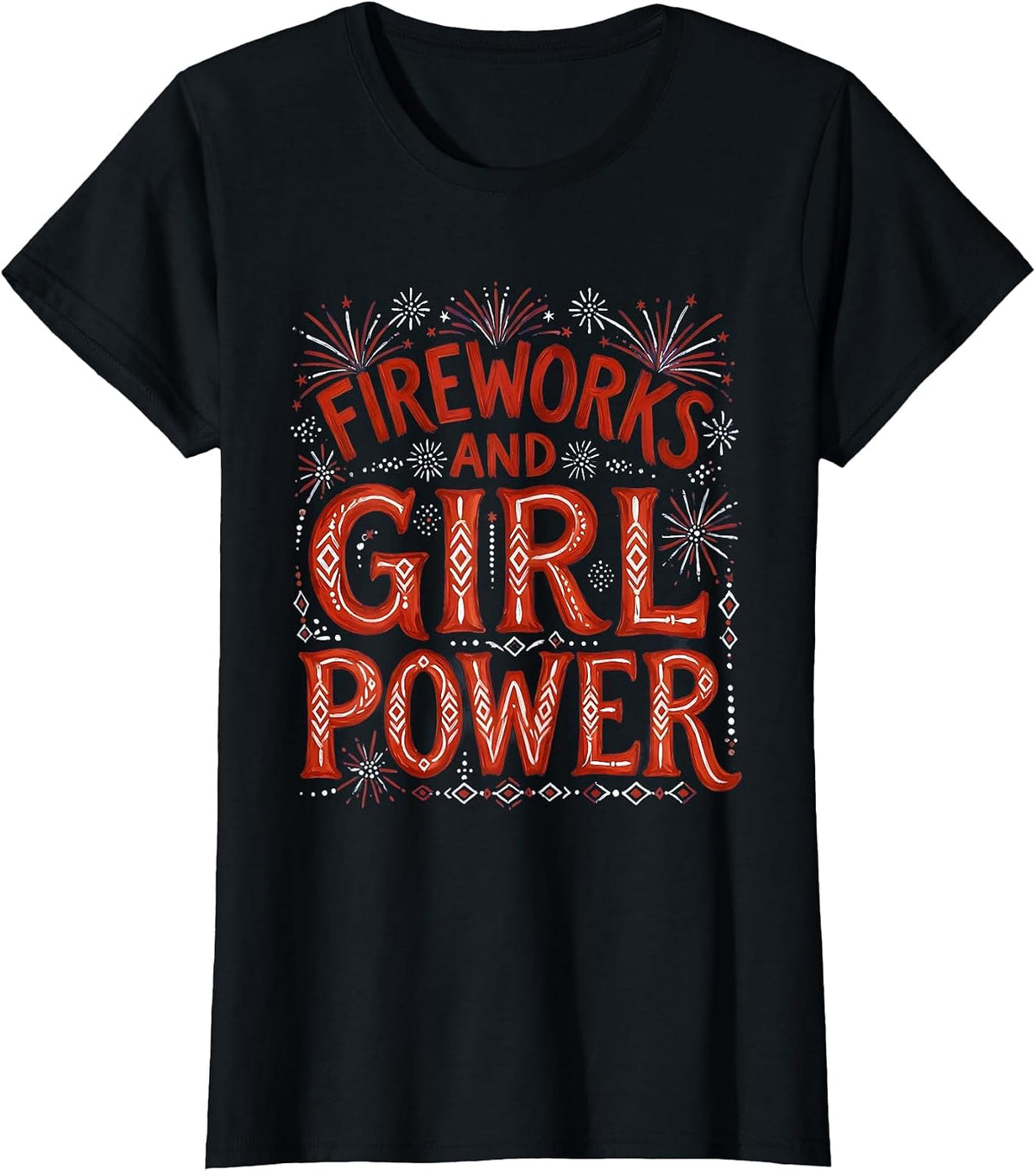 Fireworks and Girl Power Red White and Blue Design T-Shirt - Black