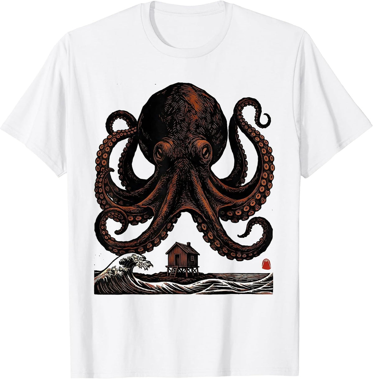 Men's Domed Octopus Linocut Ocean Animal Lover Art T-Shirt - White