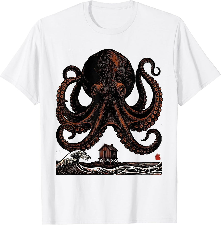 Men's Domed Octopus Linocut Ocean Animal Lover Art T-Shirt - White
