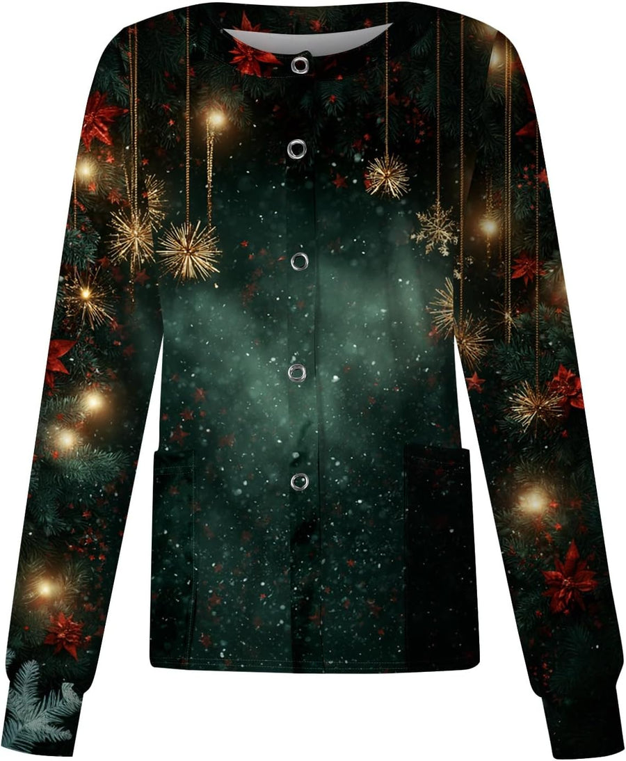 Scrubs for Women Christmas Scrub Jacket Long Sleeve Snap Front Work Uniform - 26ch01-watermelon Red