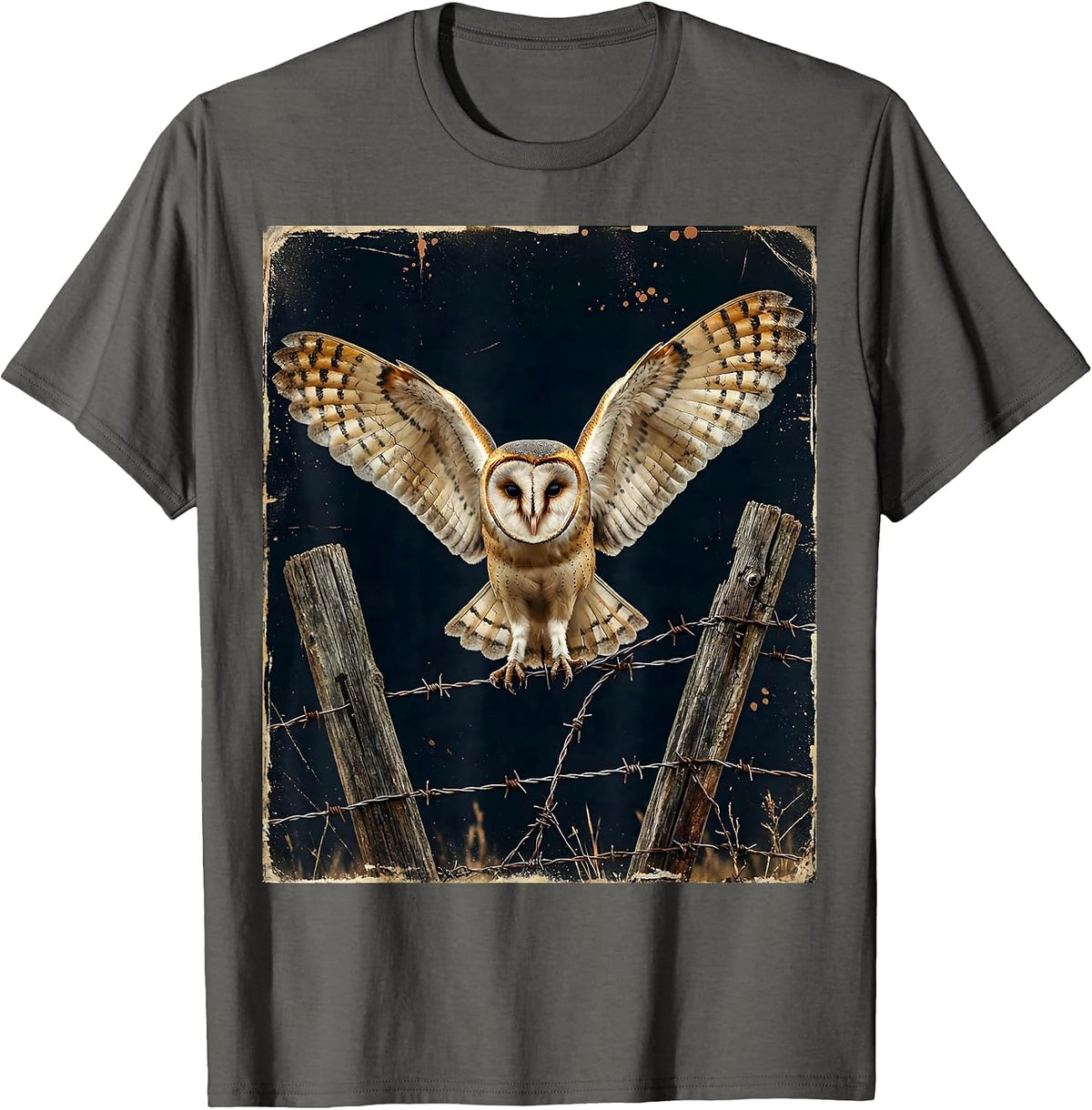 Men's Texas Barn Owl on Barbed Wire Fence Illustration T-Shirt - Asphalt Grey