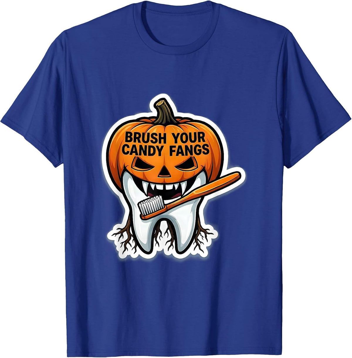 Men's Brush Your Candy Fangs Funny Dentist Halloween Dental Pun T-Shirt - Royal Blue