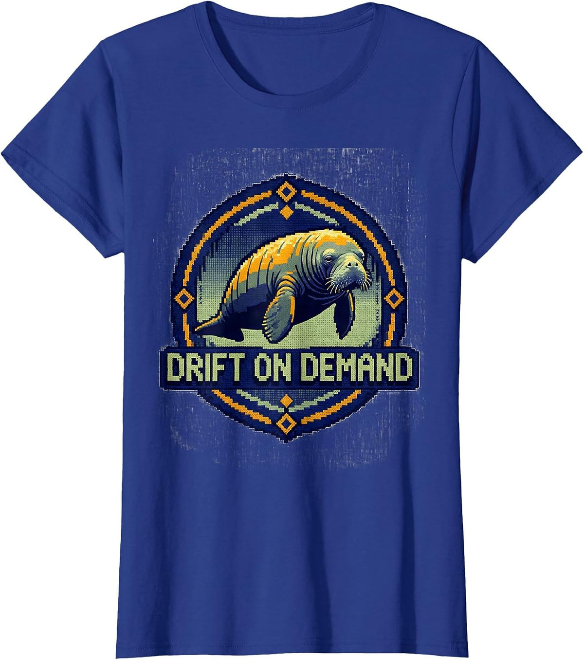 Women's Drift On Demand Cross Stitch Sampler Manatee Lover Humor T-Shirt - Royal Blue