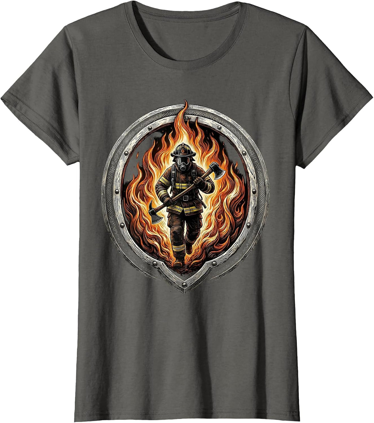 Women's Firefighter Silhouette Walking Through Flames T-Shirt - Asphalt Grey