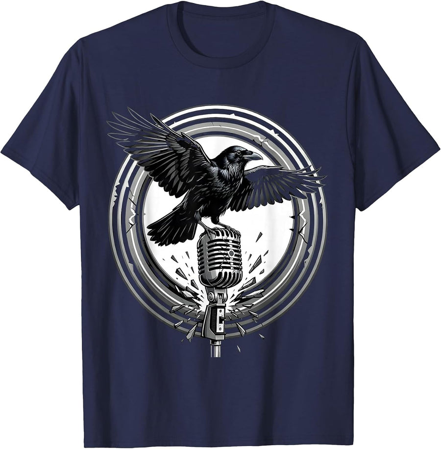 Crow on Broken Mic Punk Rock Graphic Design T-Shirt - Navy Blue