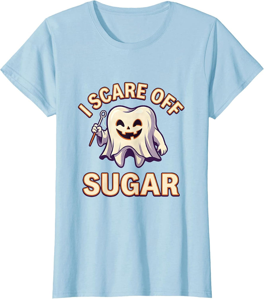 Women's I Scare Off Sugar Funny Ghost Dentist Halloween Dental Pun T-Shirt - Baby Blue