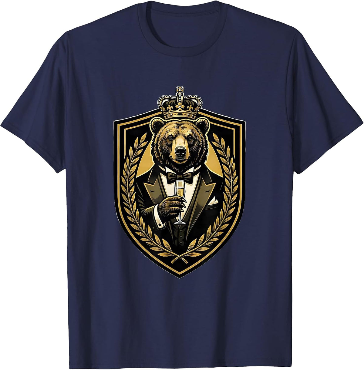 Fancy Bear in Tuxedo Champagne Toast Design T-Shirt - Navy Blue