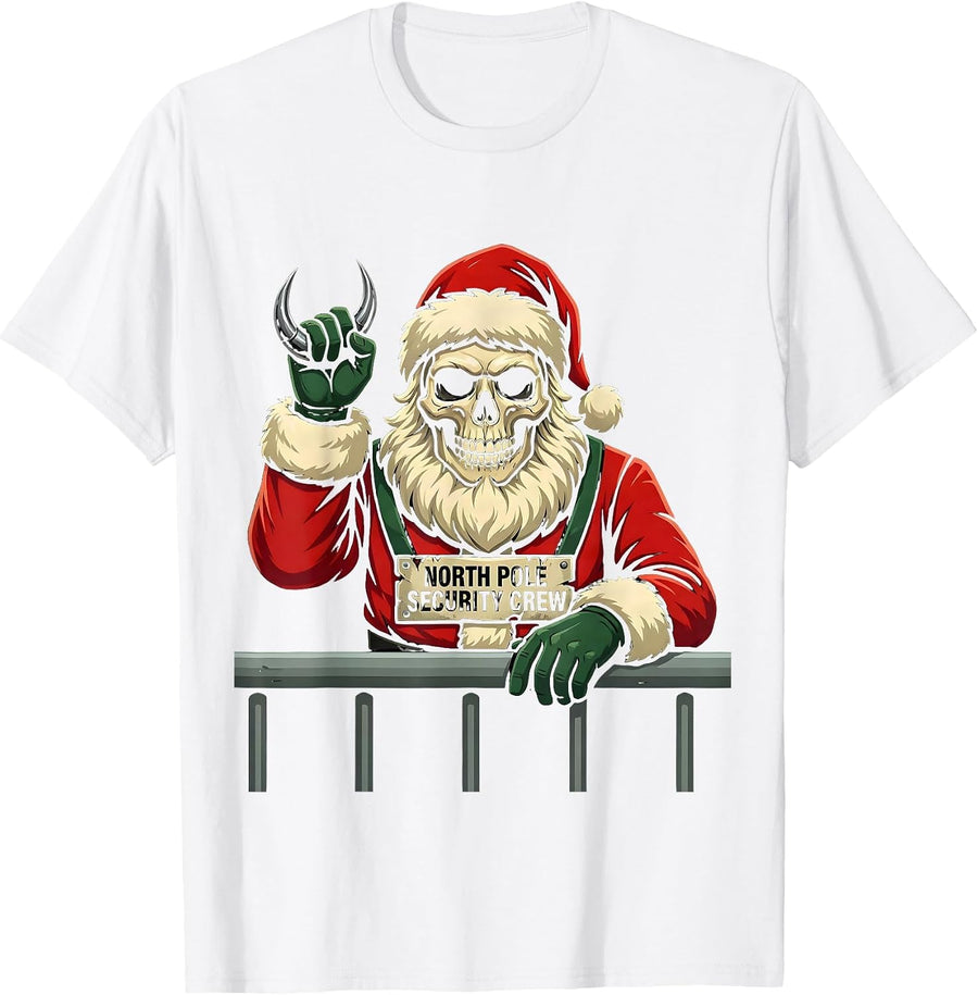 North Pole Security Crew Funny Heavy Metal Christmas Rocker T-Shirt - White