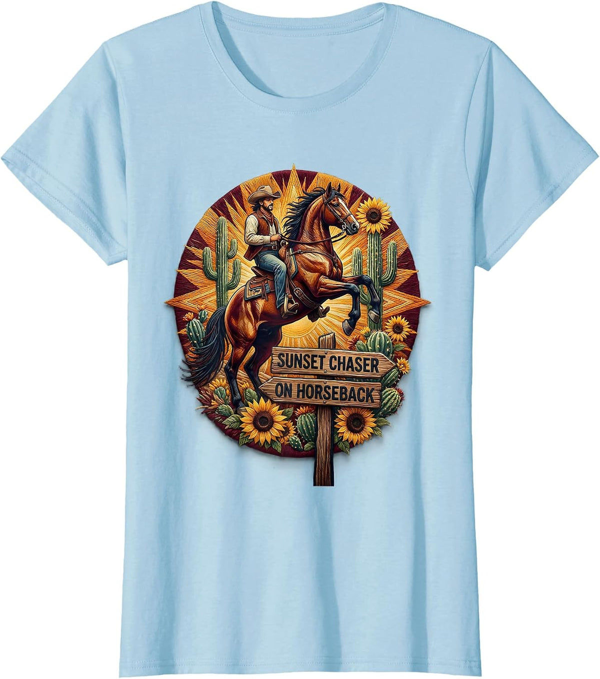 Sunset Chaser On Horseback Cowboy Design T-Shirt - Baby Blue