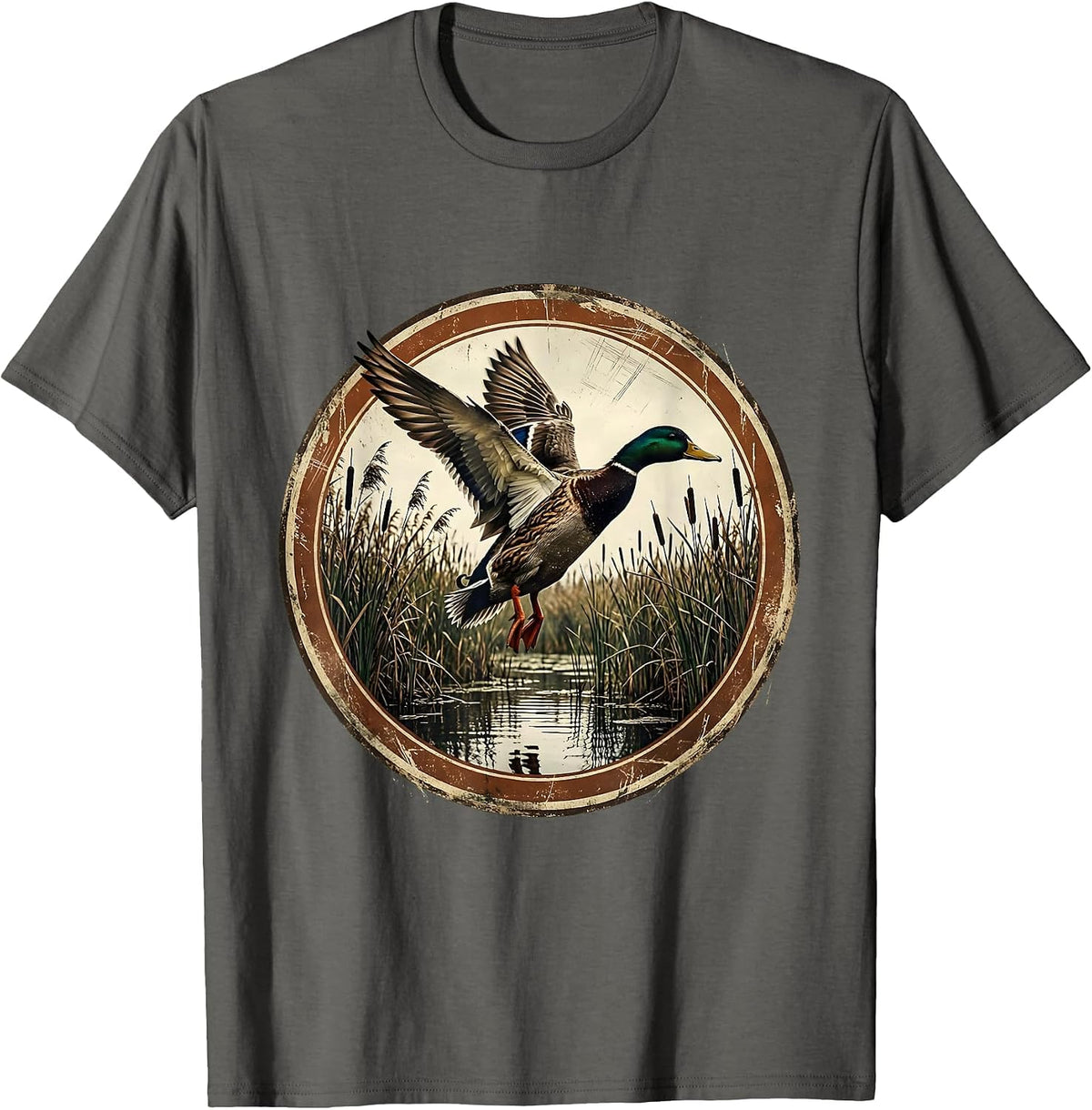 Duck Flying Over Marsh Reeds Hunting Graphic T-Shirt - Asphalt Grey