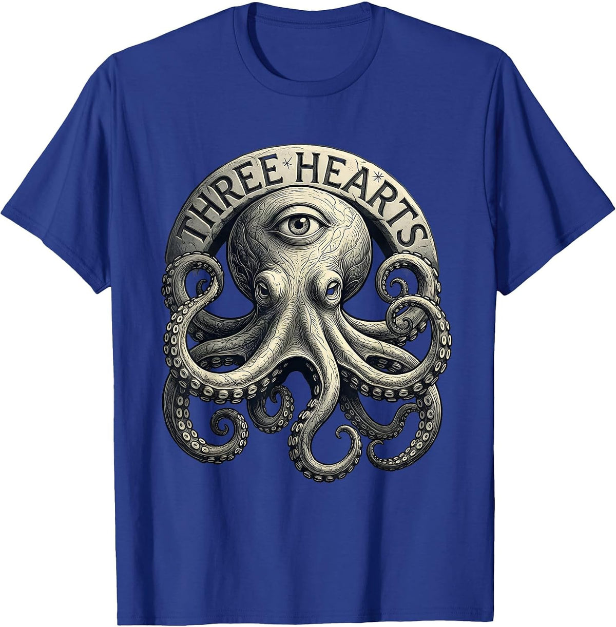 Men's Three Hearts Tactile Monochrome Octopus Lover Ocean Animal T-Shirt - Royal Blue