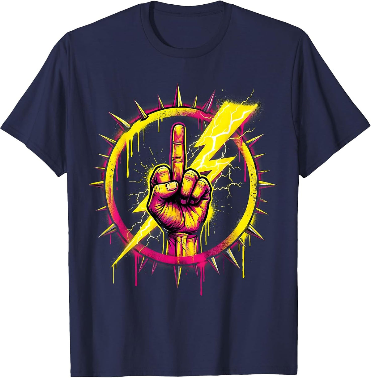 Men's Middle Finger Lightning Bolt Graphic Design T-Shirt - Navy Blue