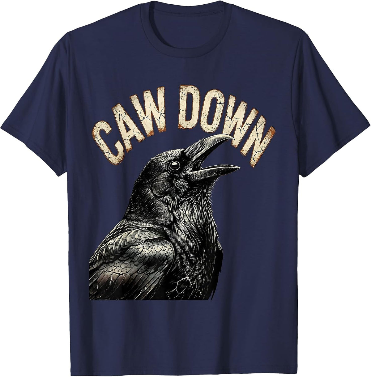 Caw Down Distressed Crow Gothic Bird Pun Humor T-Shirt - Navy Blue