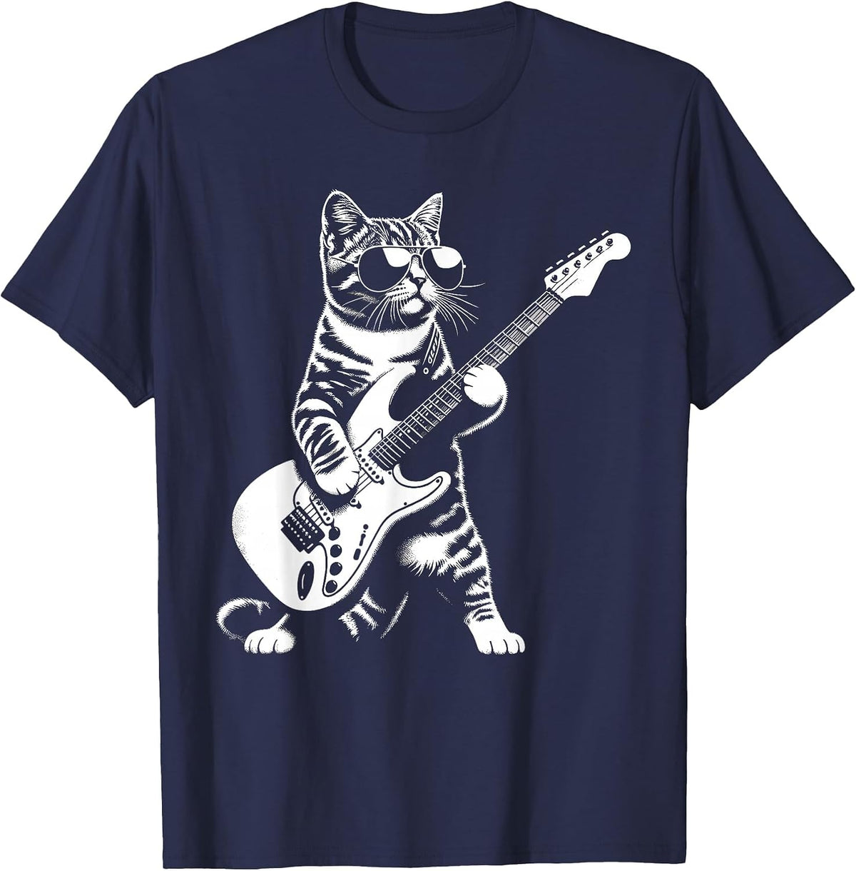 Guitar Cat Novelty Rock Music Band Concert Funny Cat T-Shirt - Navy Blue