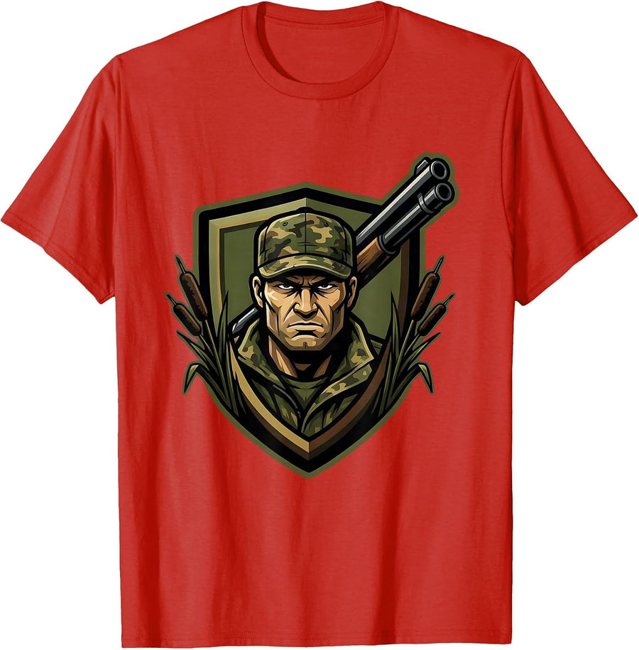 Men's Duck Hunter in Blind With Shotgun Raised T-Shirt - Red