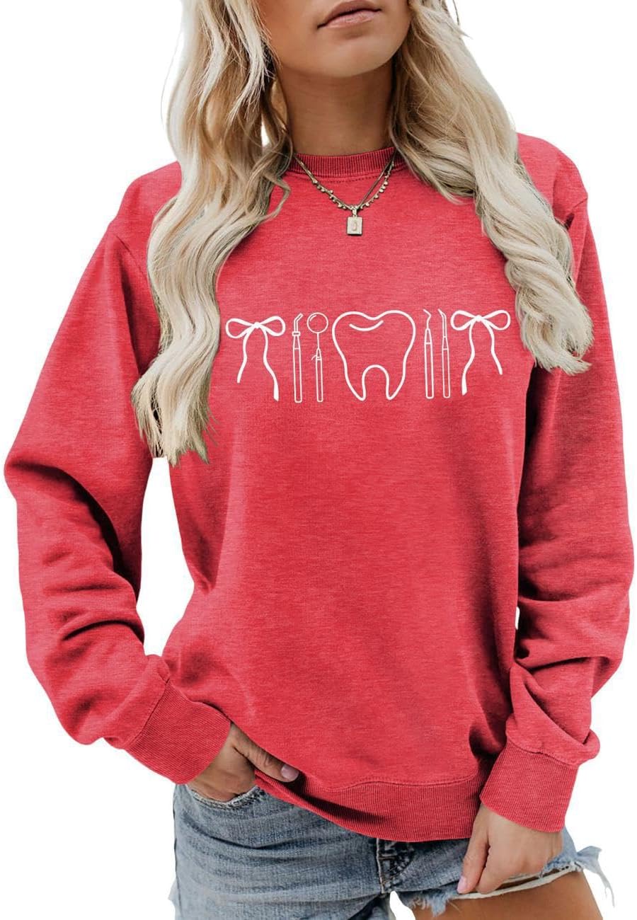 Dental Hygienist Sweatshirt, Dentist Assistant Sweater Womens Teeth Tools Bow Pattern Long Sleeve Pullover Top - Red