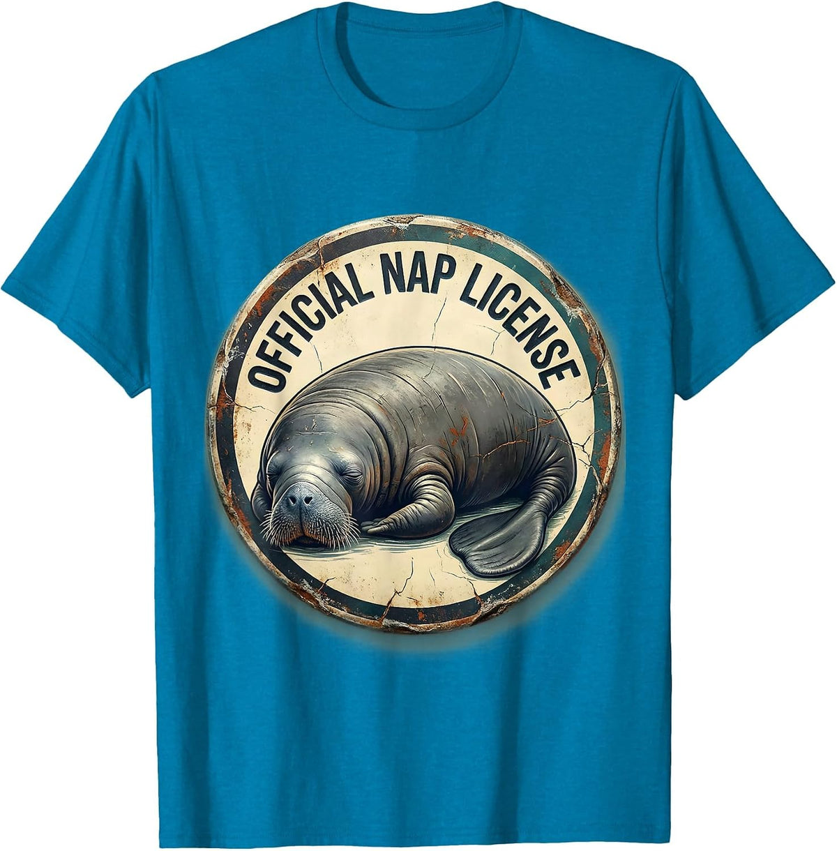 Official Nap License Distressed Manatee Wildlife Humor T-Shirt - Sapphire Blue