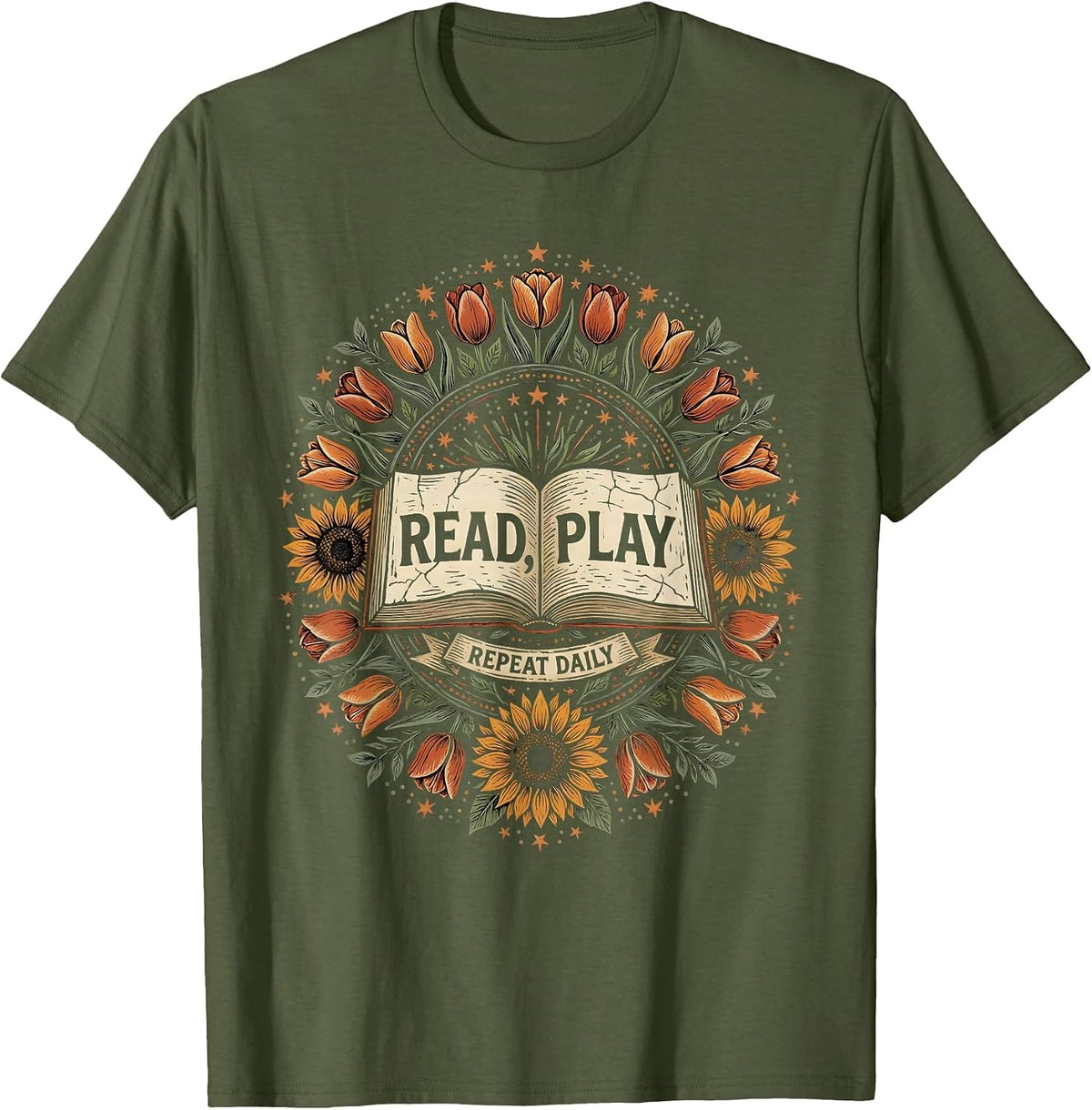 Men's Read Play Repeat Daily Preschool Teacher Design T-Shirt - Olive Green