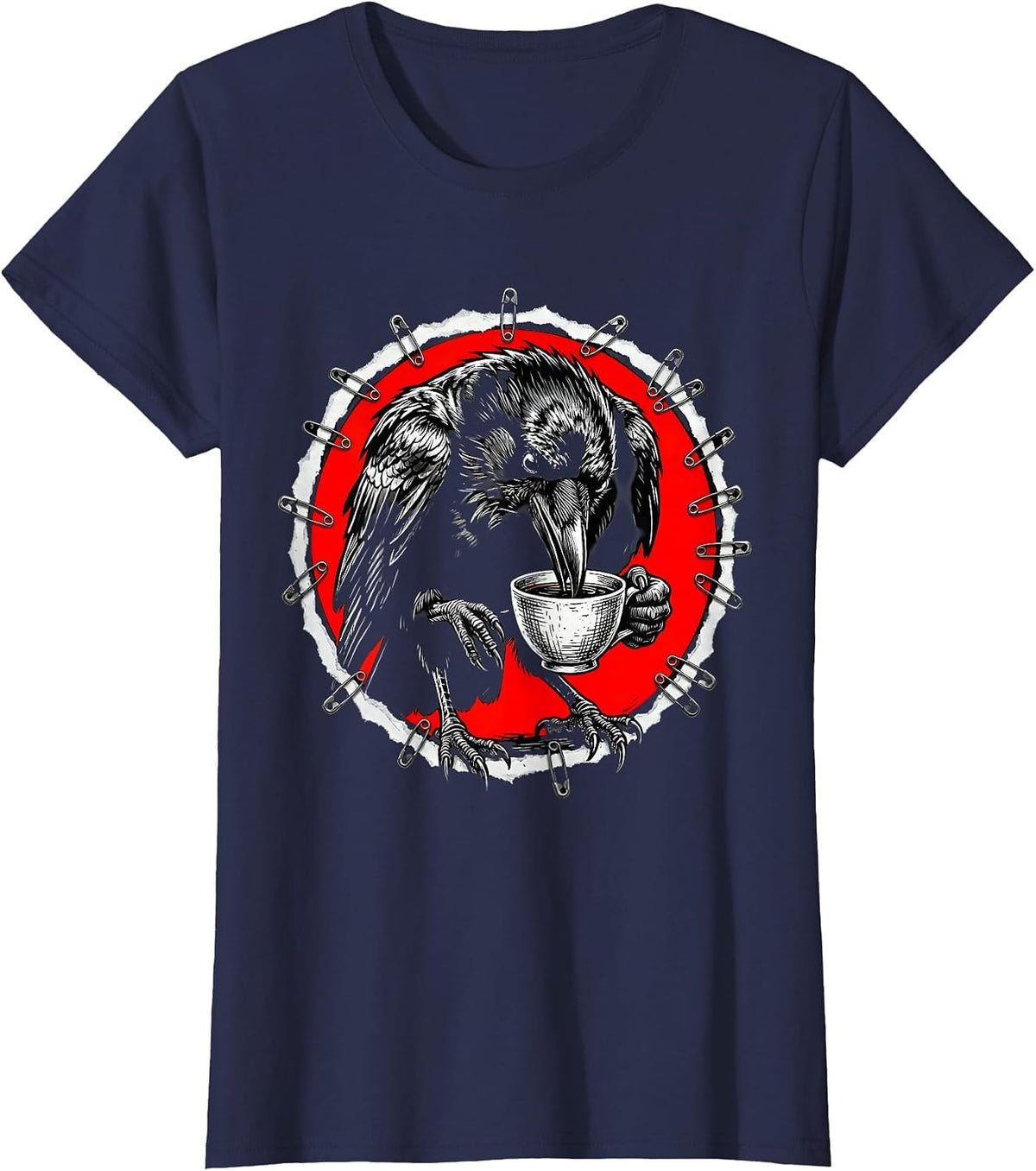 Women's Crow Drinking From a Tiny Teacup Illustration T-Shirt - Navy Blue