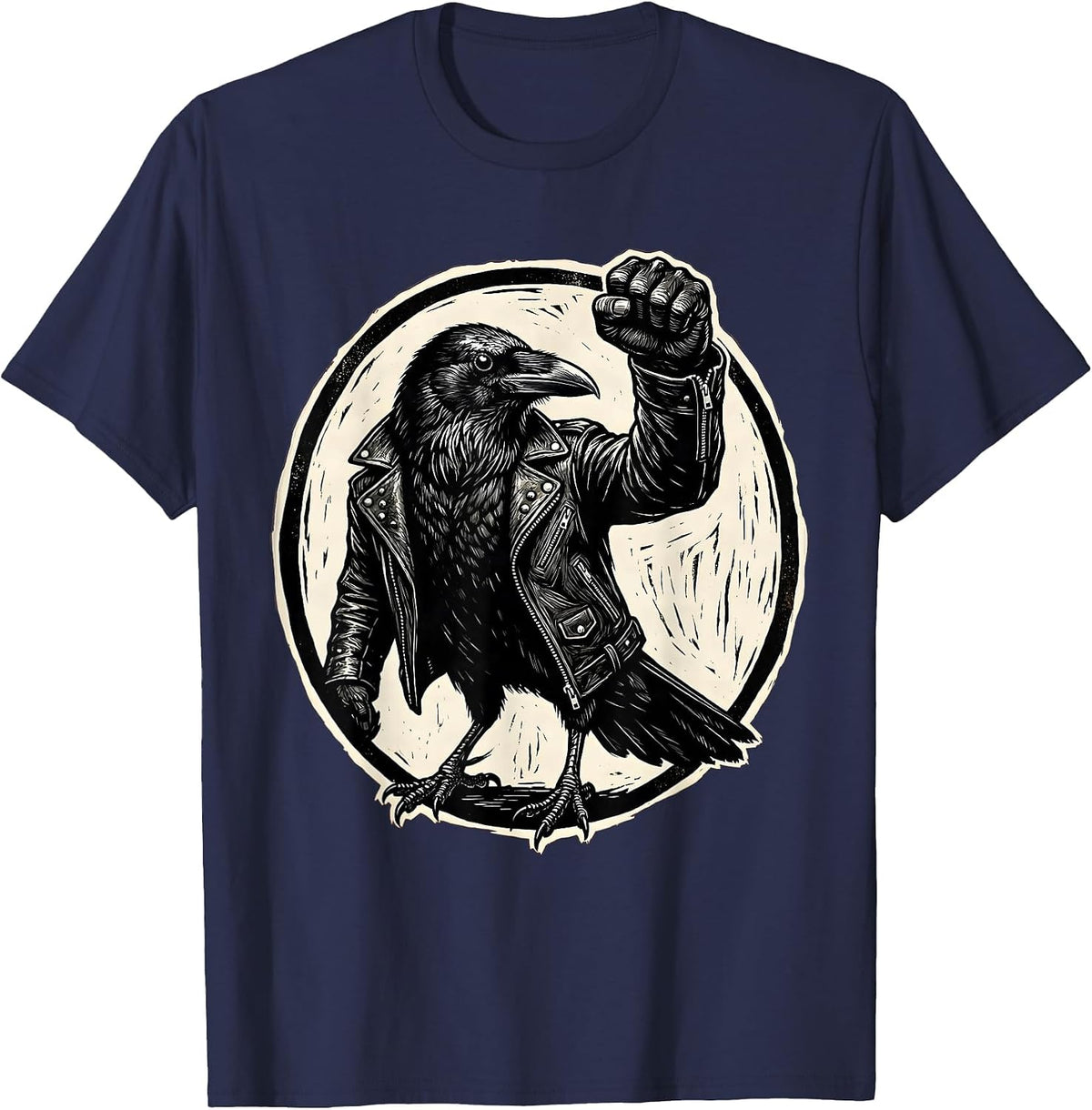 Rebel Crow Leather Jacket Raised Fist Design T-Shirt - Navy Blue