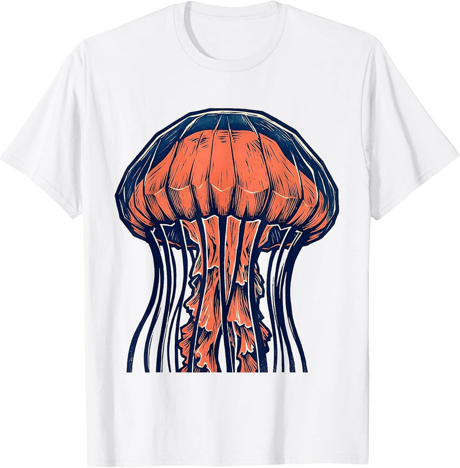 Men's Angular Jellyfish Linocut Ocean Animal Lover Art T-Shirt - White