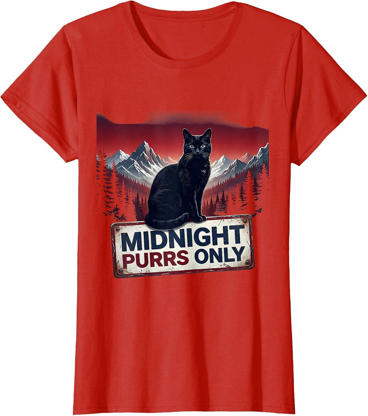 Midnight Purrs Only Black Cat Design T-Shirt - Red