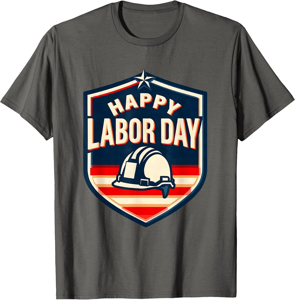 Happy Labor Day Patriotic Americana Tribute Shield Badge T-Shirt - Asphalt Grey