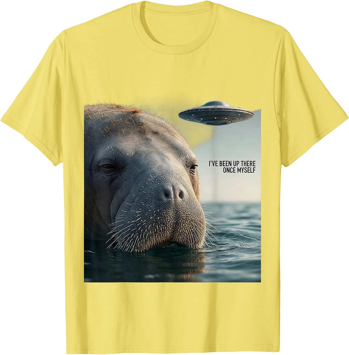 Men's I've Been Up There Once Myself Manatee UFO Alien Selfie T-Shirt - Lemon Yellow