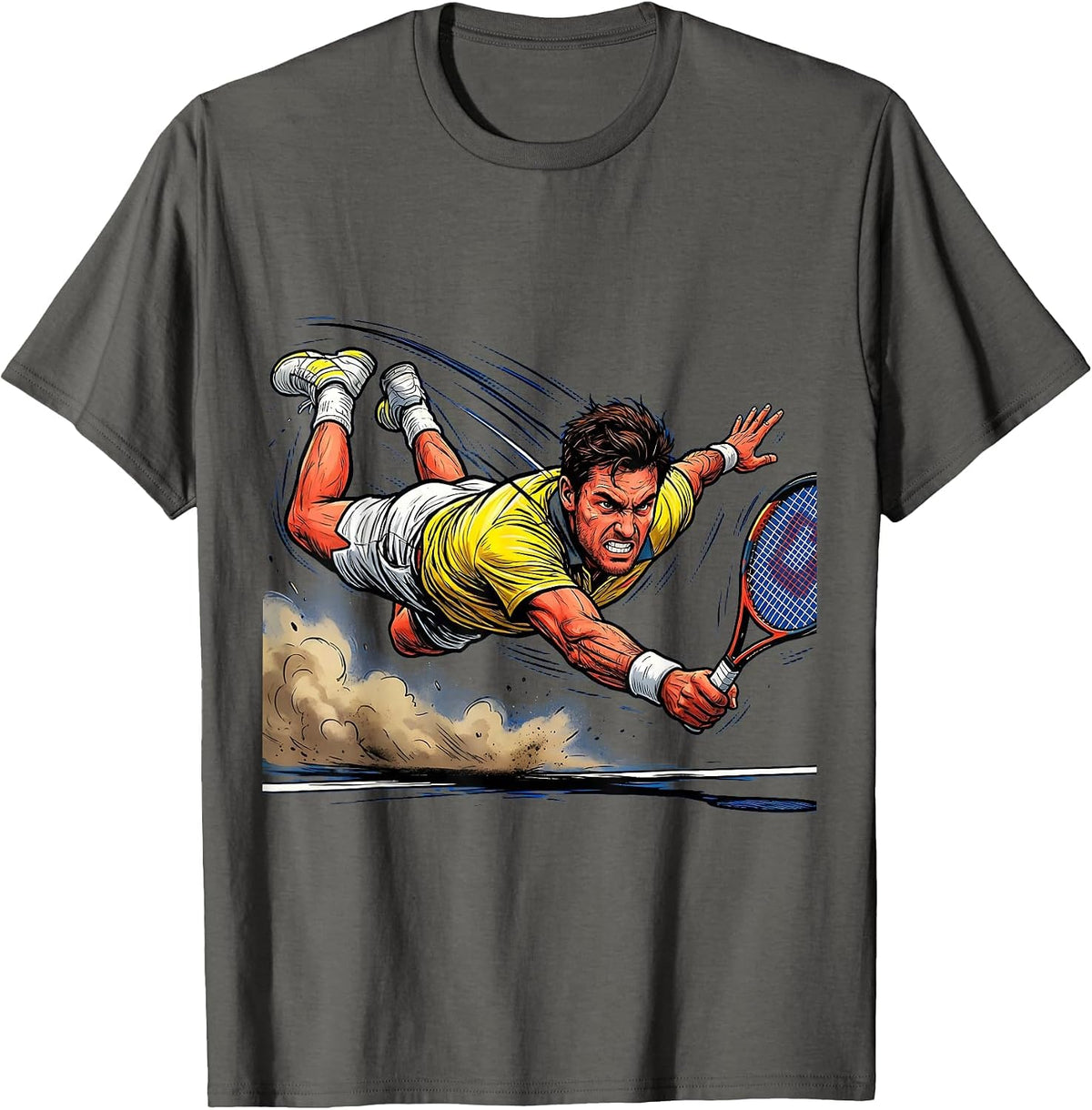 Tennis Player Diving Low Backhand Shot Graphic T-Shirt - Asphalt Grey