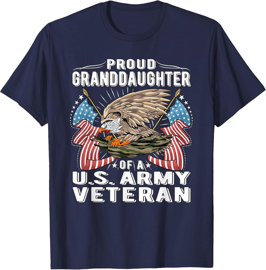 Proud Granddaughter of A US Army Veteran Military Vet Family T-Shirt - Navy Blue