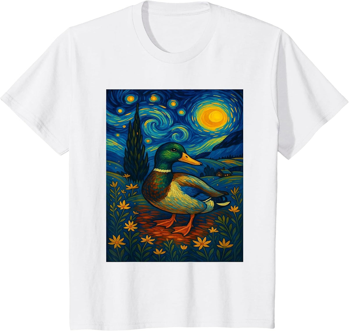 Starry Night Mallard Duck Van Gogh Style Hunting Farmer Farm T-Shirt - White