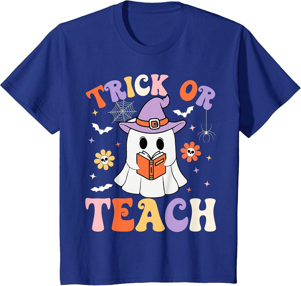 Trick Or Teach Teacher Groovy Ghost Funny Halloween Teacher T-Shirt - Royal Blue