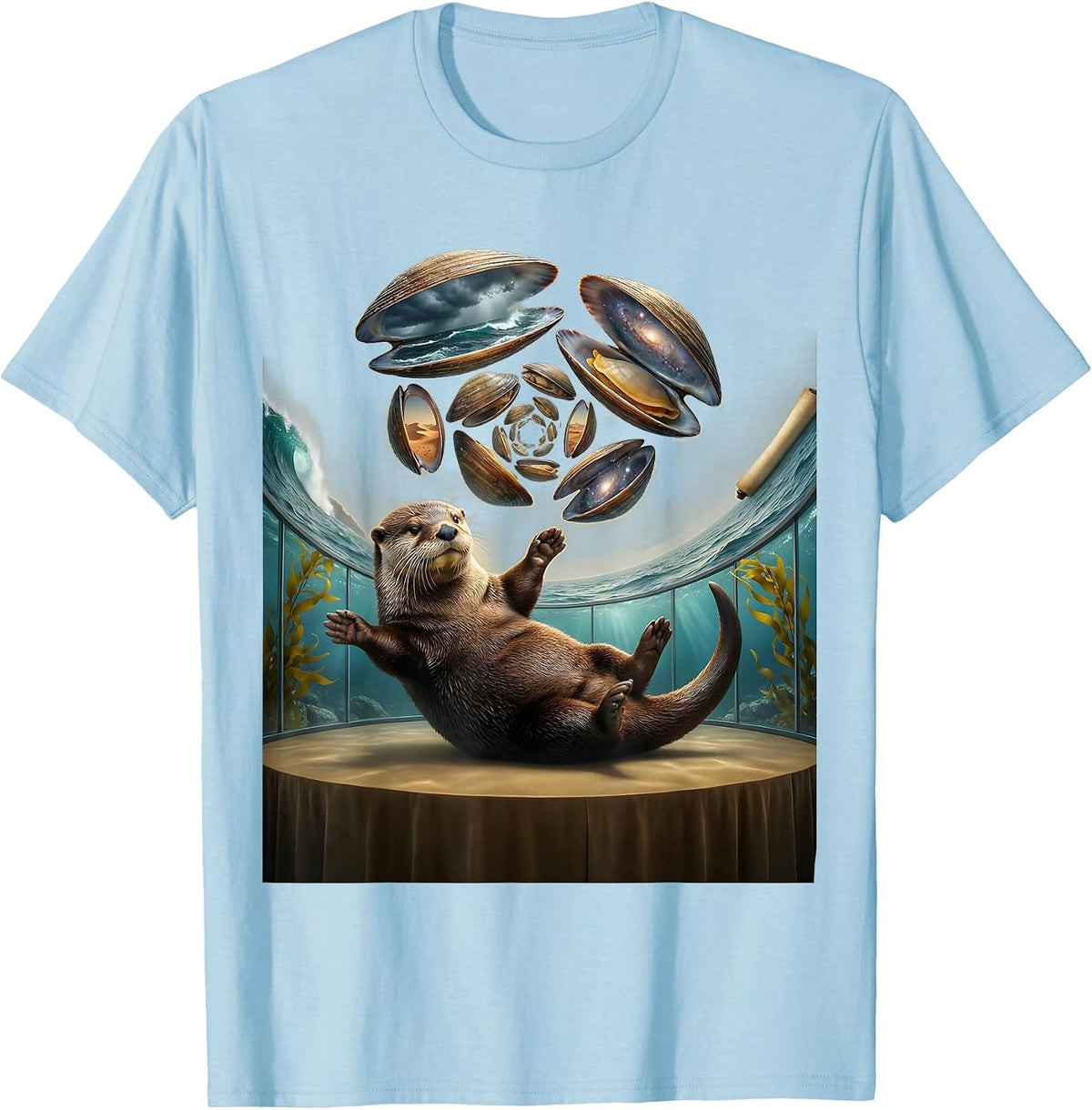 Funny Otter Juggling Clams on Its Belly T-Shirt - Baby Blue